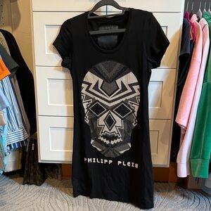 Philipp Plein Black Tee Dress with Silver Crystal Skull